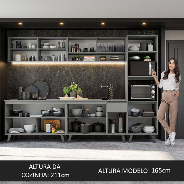 Armário de Cozinha Completa 300cm Cinza Nice Madesa 01