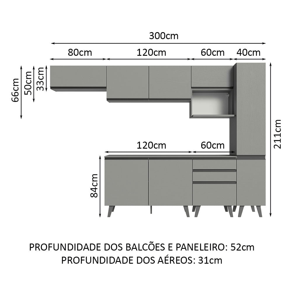 Armário de Cozinha Completa 300cm Cinza Nice Madesa 05