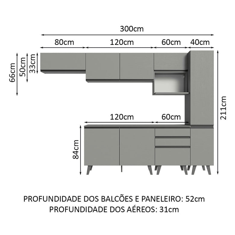 Armário de Cozinha Completa 300cm Cinza Nice Madesa 05