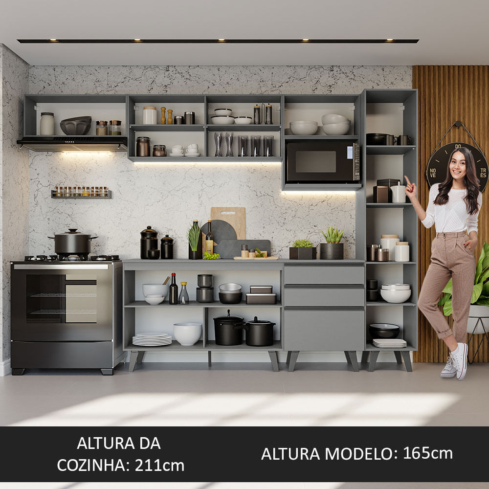 Armário de Cozinha Completa 300cm Cinza Nice Madesa 05