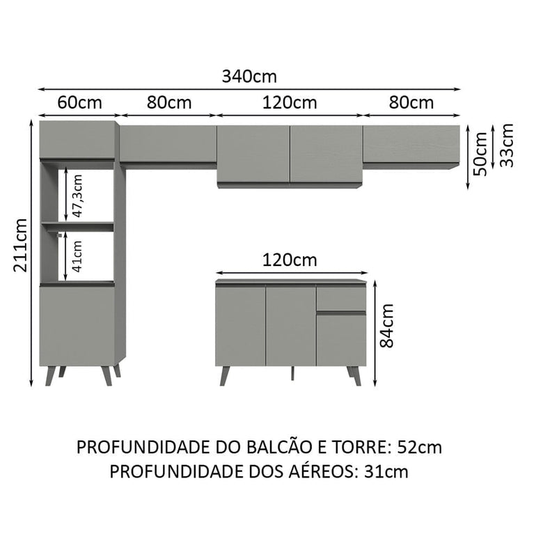 Armário de Cozinha Completa 340cm Cinza Nice Madesa 01