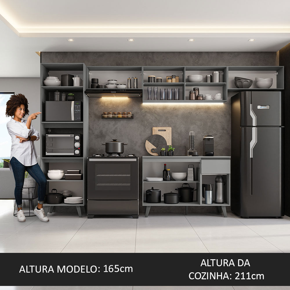 Armário de Cozinha Completa 340cm Cinza Nice Madesa 01