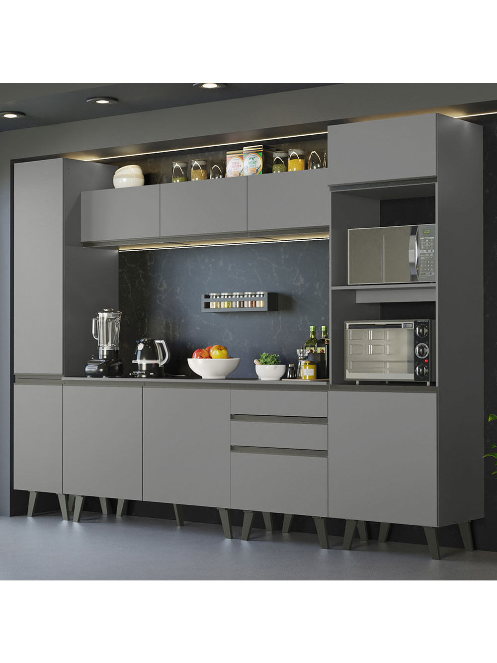 Armário de Cozinha Completa 280cm Cinza Nice Madesa 01 - Cinza