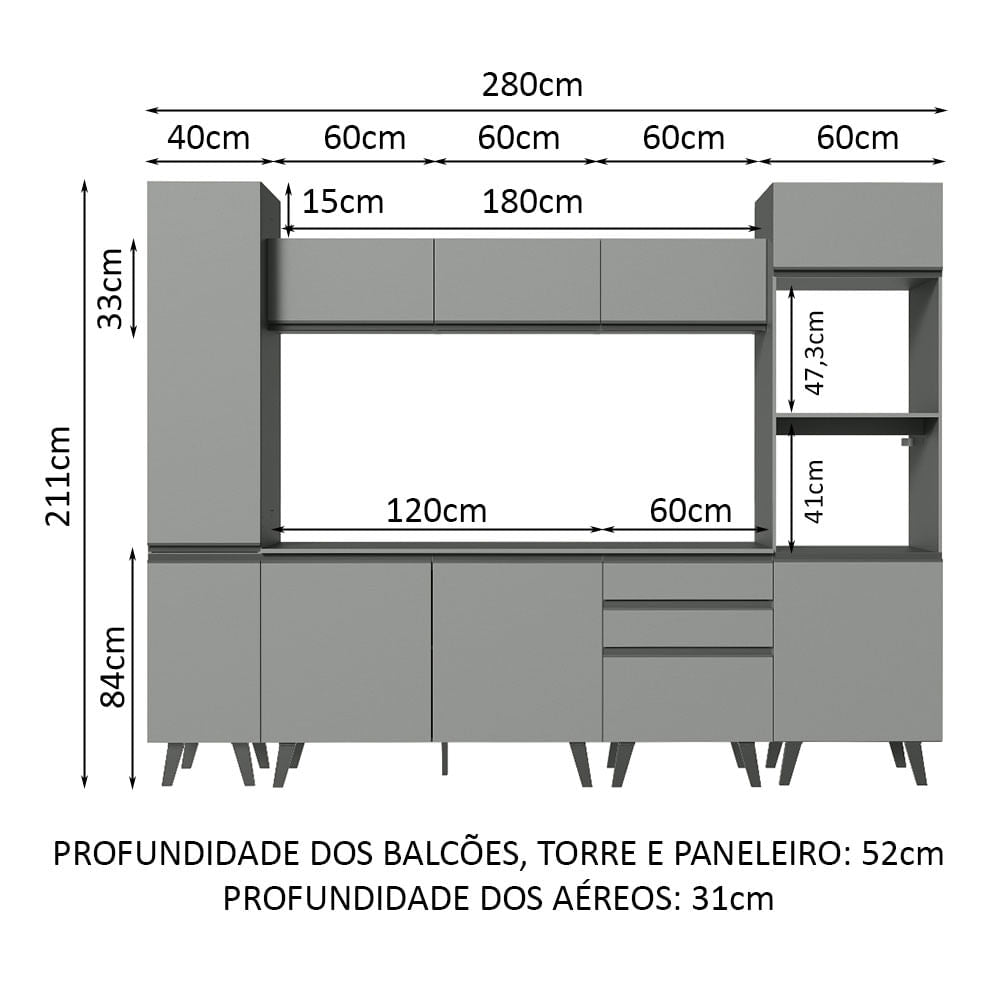 Armário de Cozinha Completa 280cm Cinza Nice Madesa 01