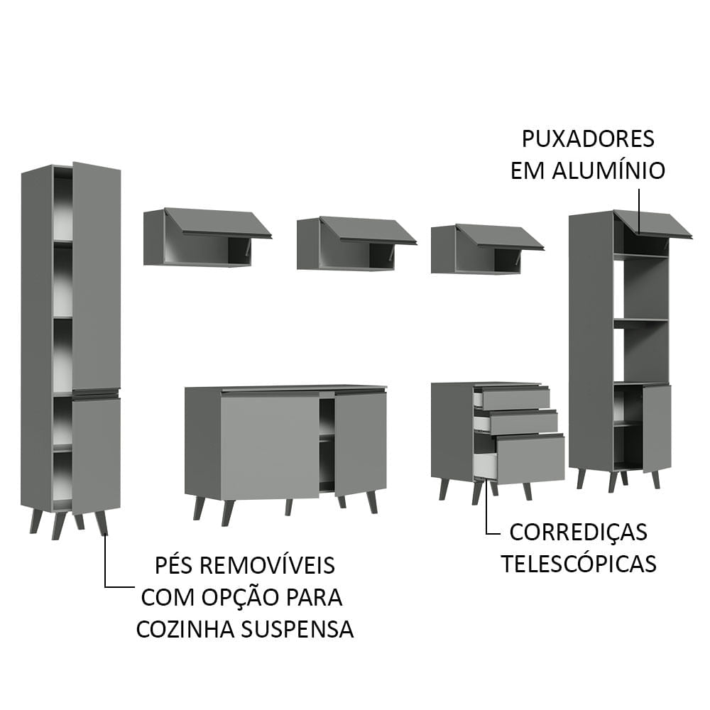 Armário de Cozinha Completa 280cm Cinza Nice Madesa 01