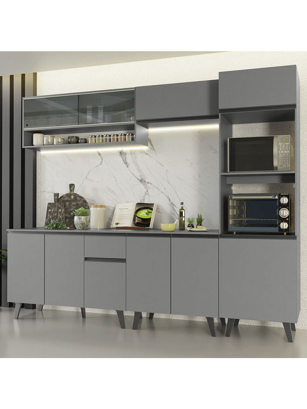 Armário de Cozinha Completa 260cm Cinza Nice Madesa 06 - Cinza