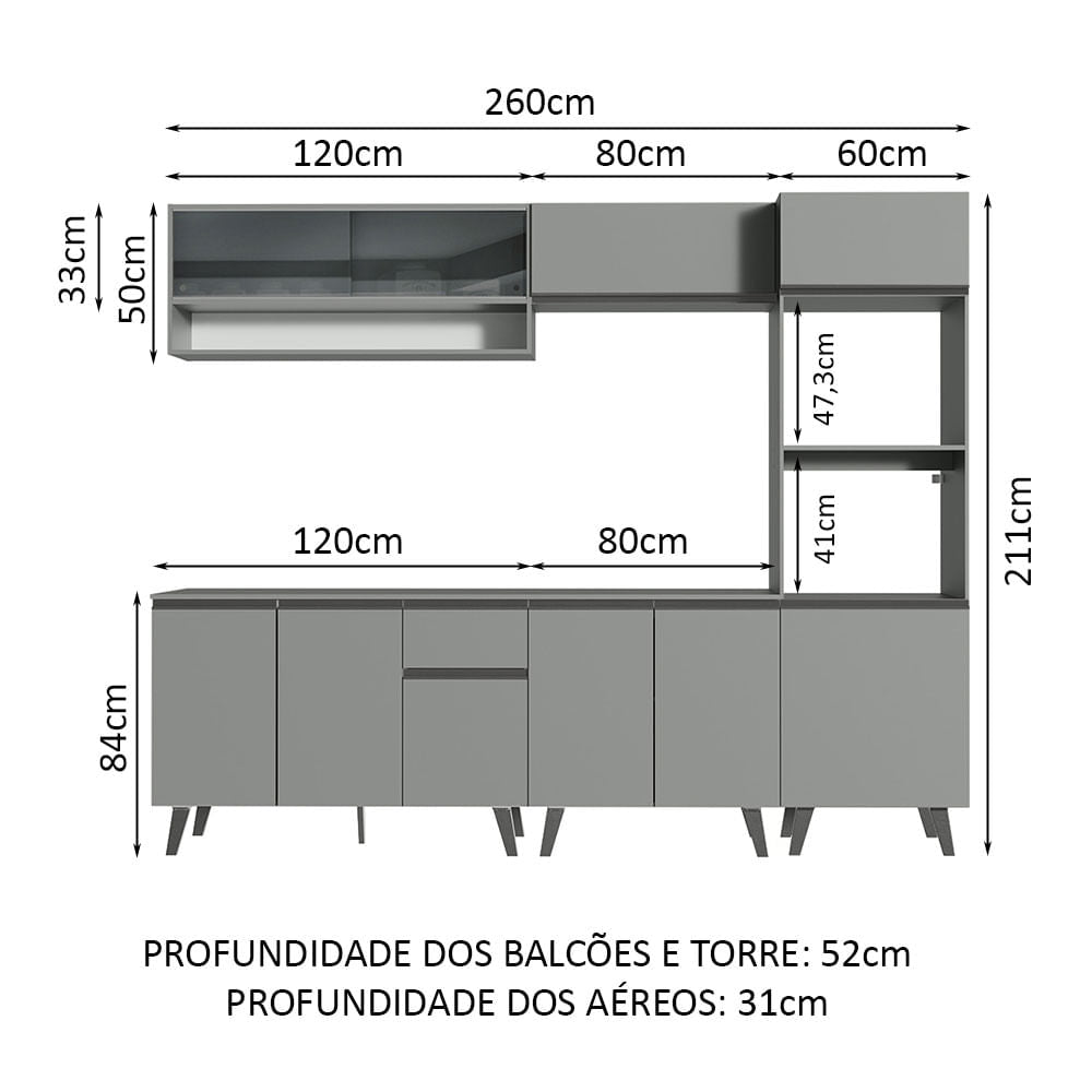Armário de Cozinha Completa 260cm Cinza Nice Madesa 06