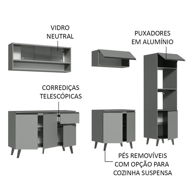 Armário de Cozinha Completa 260cm Cinza Nice Madesa 06