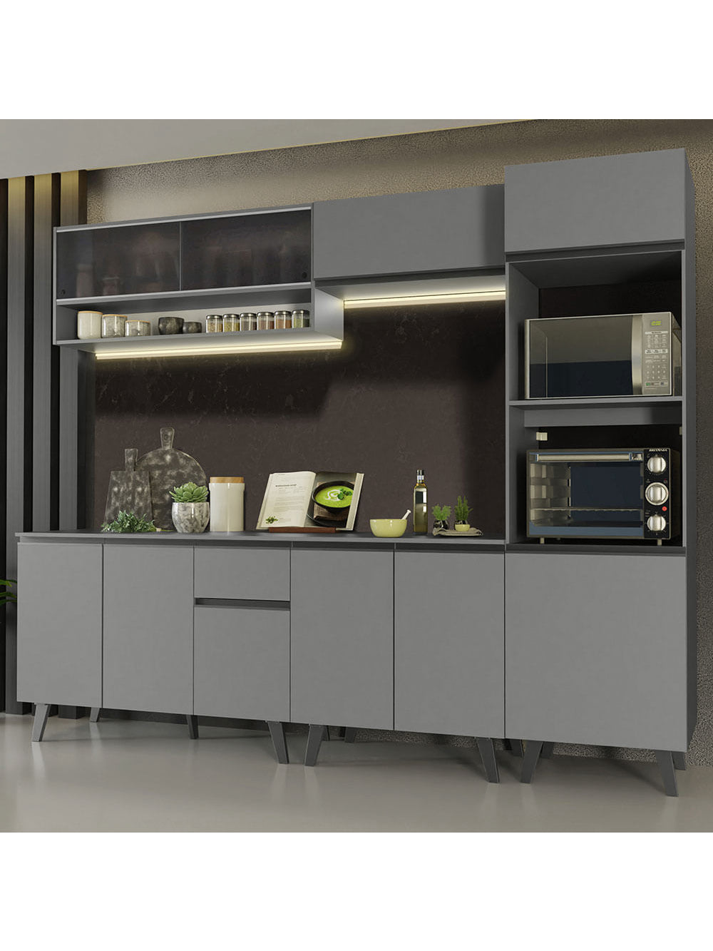 Armário de Cozinha Completa 260cm Cinza Nice Madesa 07 - Cinza