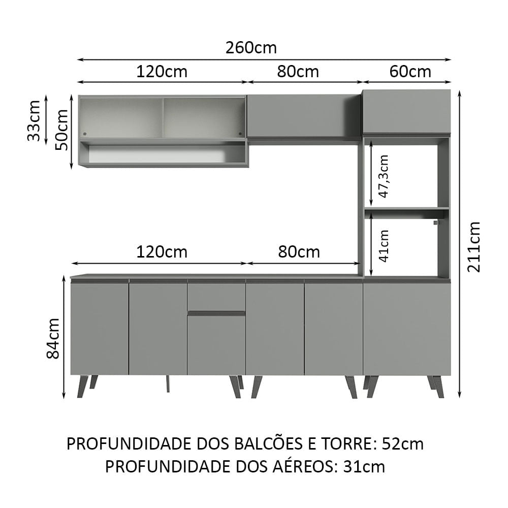 Armário de Cozinha Completa 260cm Cinza Nice Madesa 07