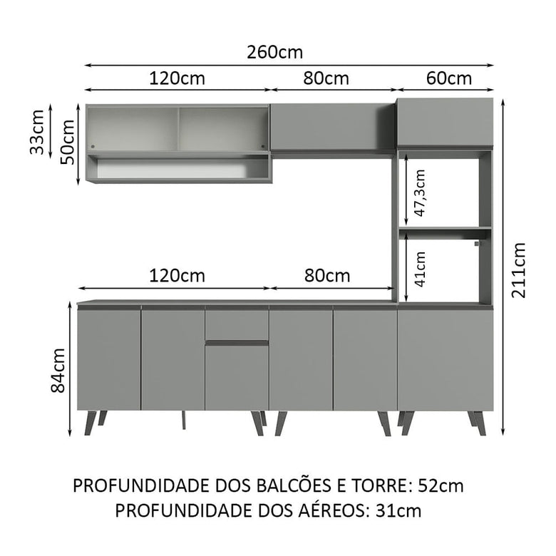 Armário de Cozinha Completa 260cm Cinza Nice Madesa 07