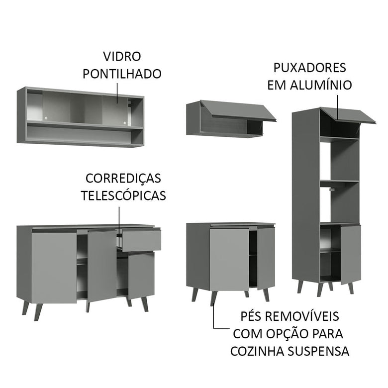 Armário de Cozinha Completa 260cm Cinza Nice Madesa 07
