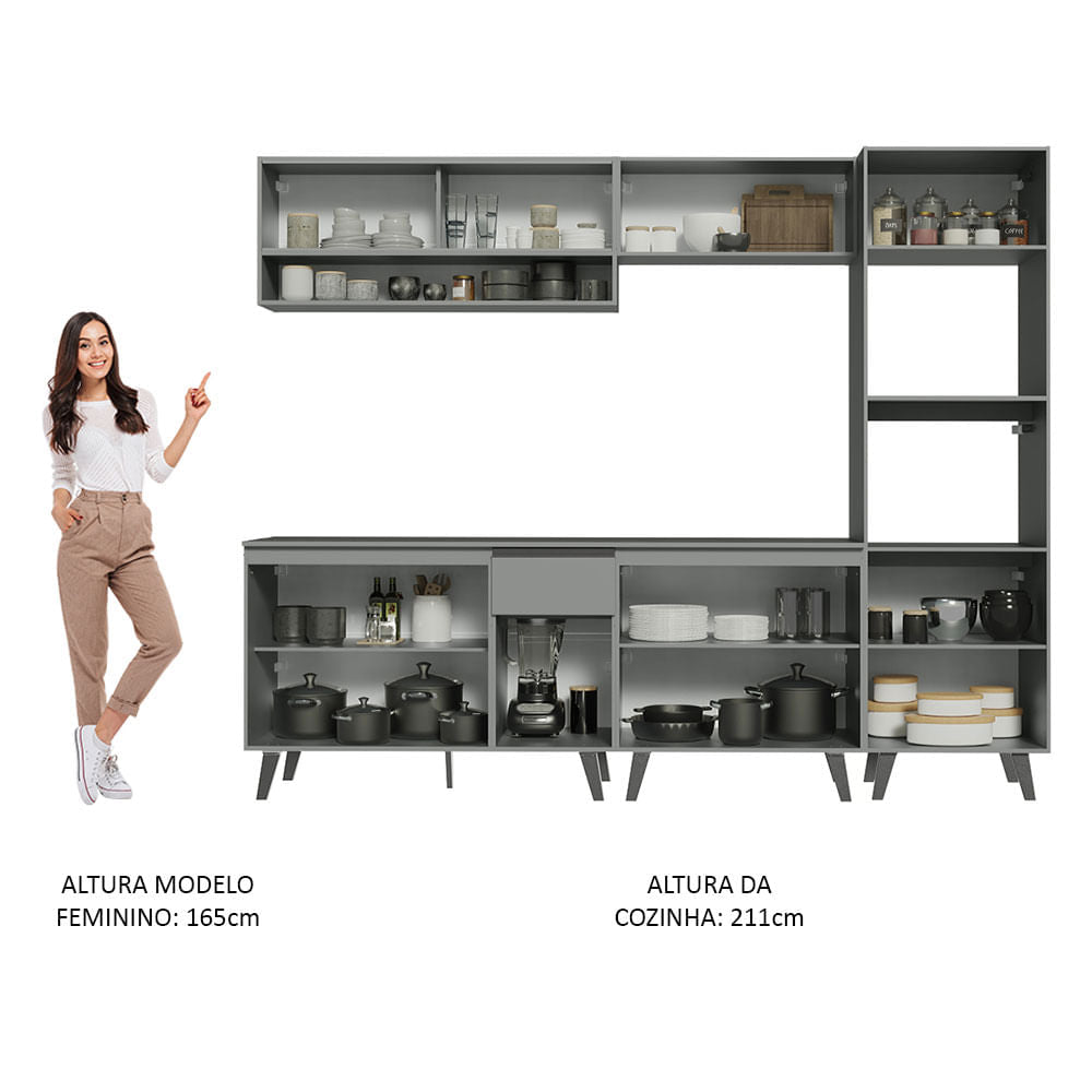 Armário de Cozinha Completa 260cm Cinza Nice Madesa 07
