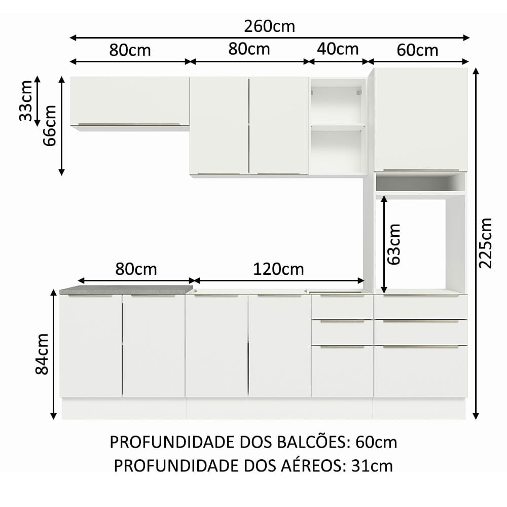Armário de Cozinha Completa 260cm Branco Veludo Lux Madesa 08