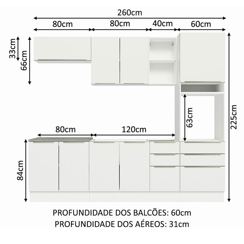 Armário de Cozinha Completa 260cm Branco Veludo Lux Madesa 08