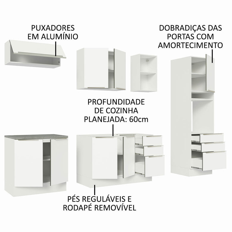 Armário de Cozinha Completa 260cm Branco Veludo Lux Madesa 08