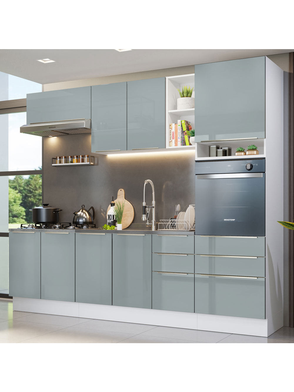 Armário de Cozinha Completa 260cm Branco/Cinza Lux Madesa 08 - Branco/Cinza