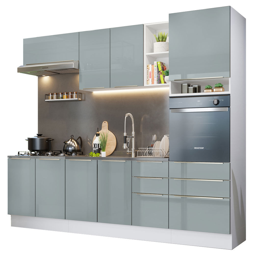 Armário de Cozinha Completa 260cm Branco/Cinza Lux Madesa 08 - Branco/Cinza