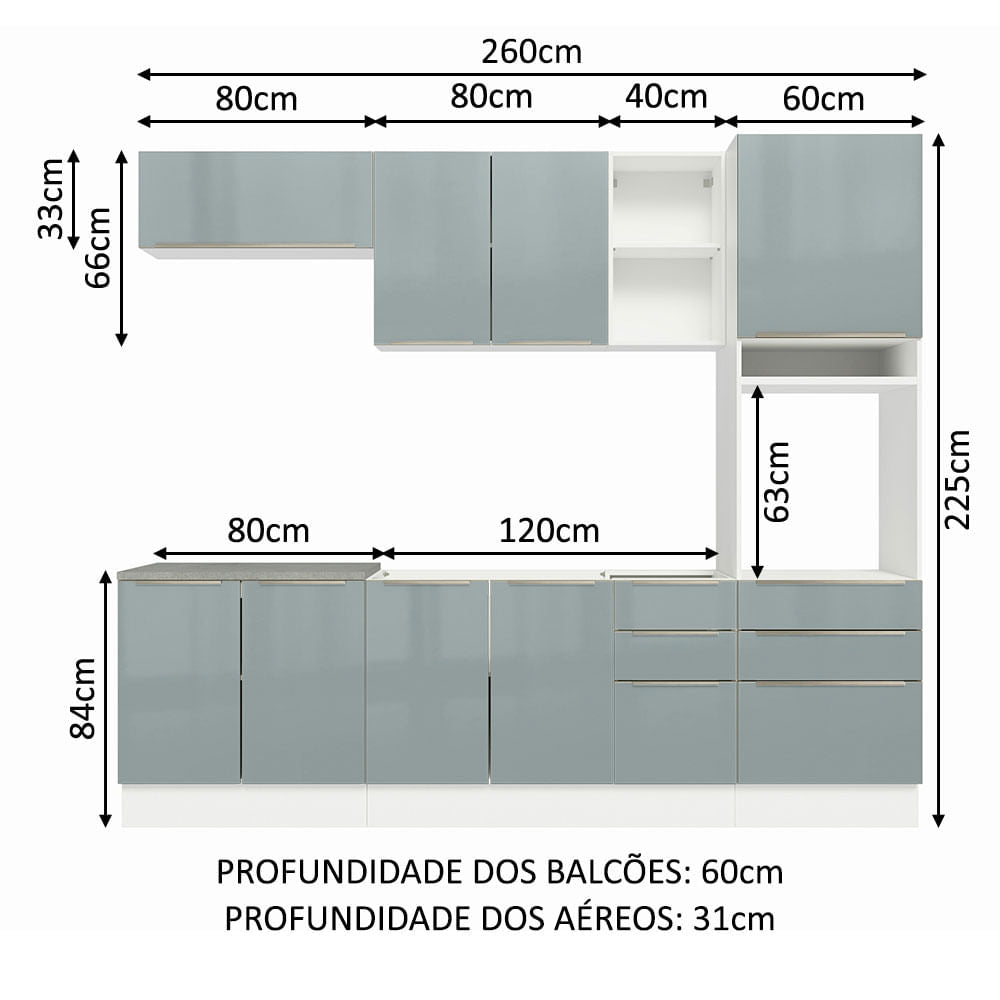 Armário de Cozinha Completa 260cm Branco/Cinza Lux Madesa 08