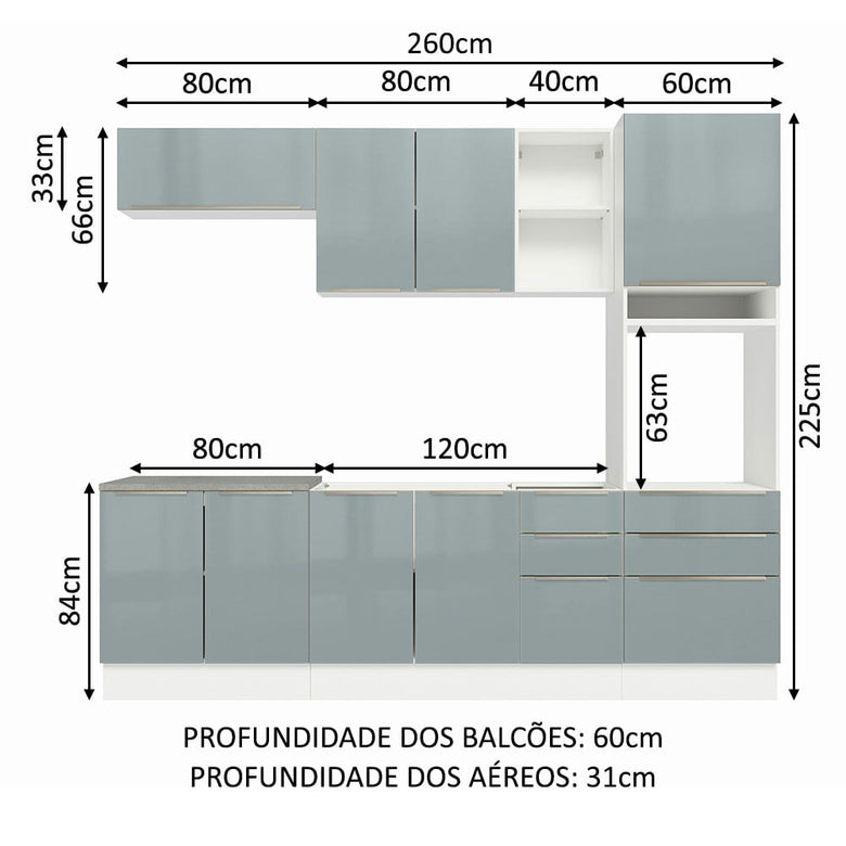 Armário de Cozinha Completa 260cm Branco/Cinza Lux Madesa 08