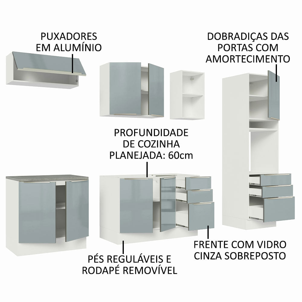 Armário de Cozinha Completa 260cm Branco/Cinza Lux Madesa 08