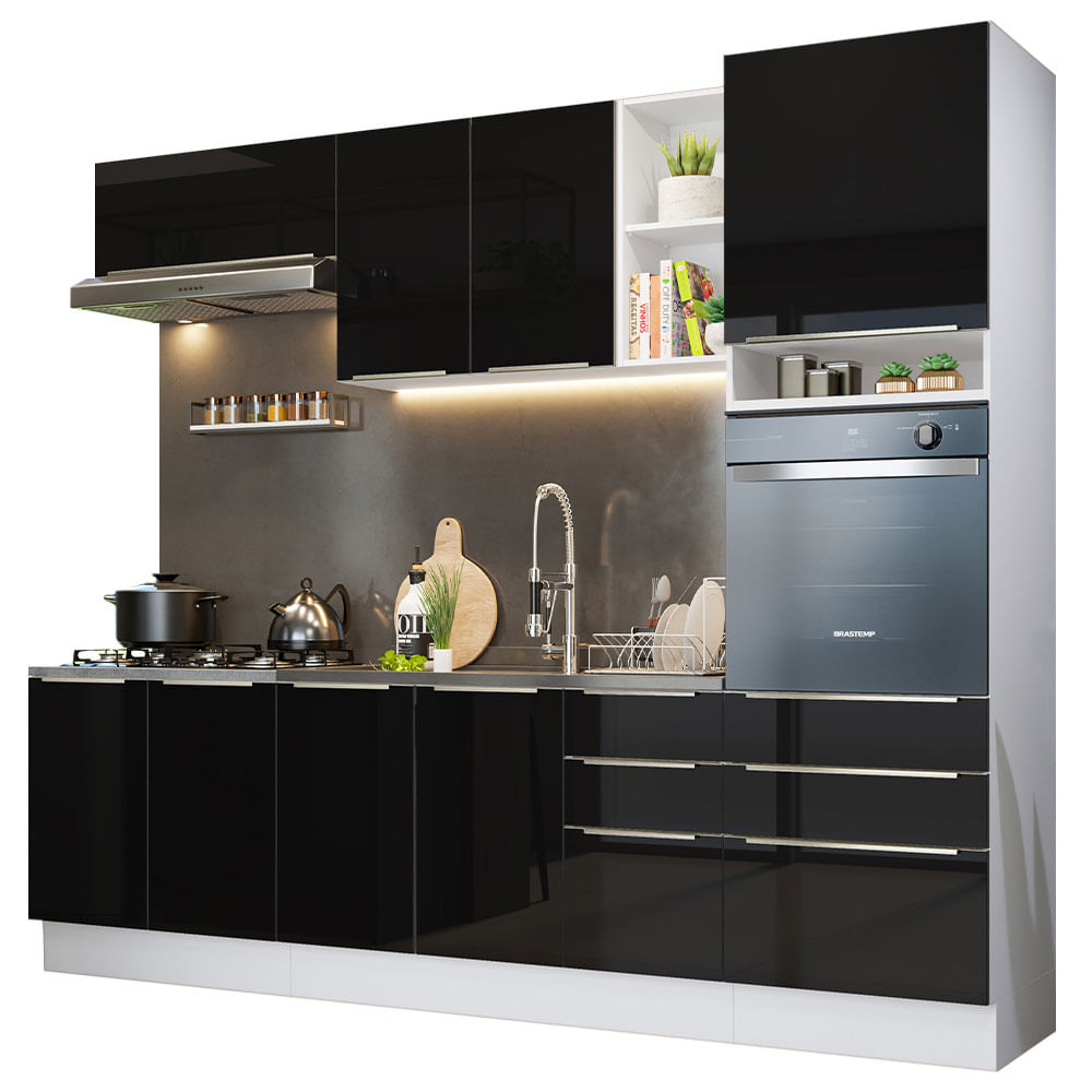 Armário de Cozinha Completa 260cm Branco/Preto Lux Madesa 08 - Branco/Preto