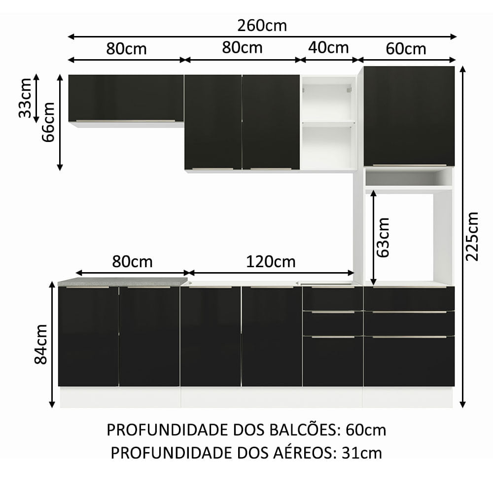 Armário de Cozinha Completa 260cm Branco/Preto Lux Madesa 08