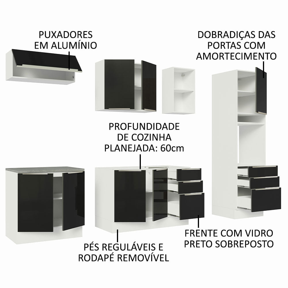 Armário de Cozinha Completa 260cm Branco/Preto Lux Madesa 08