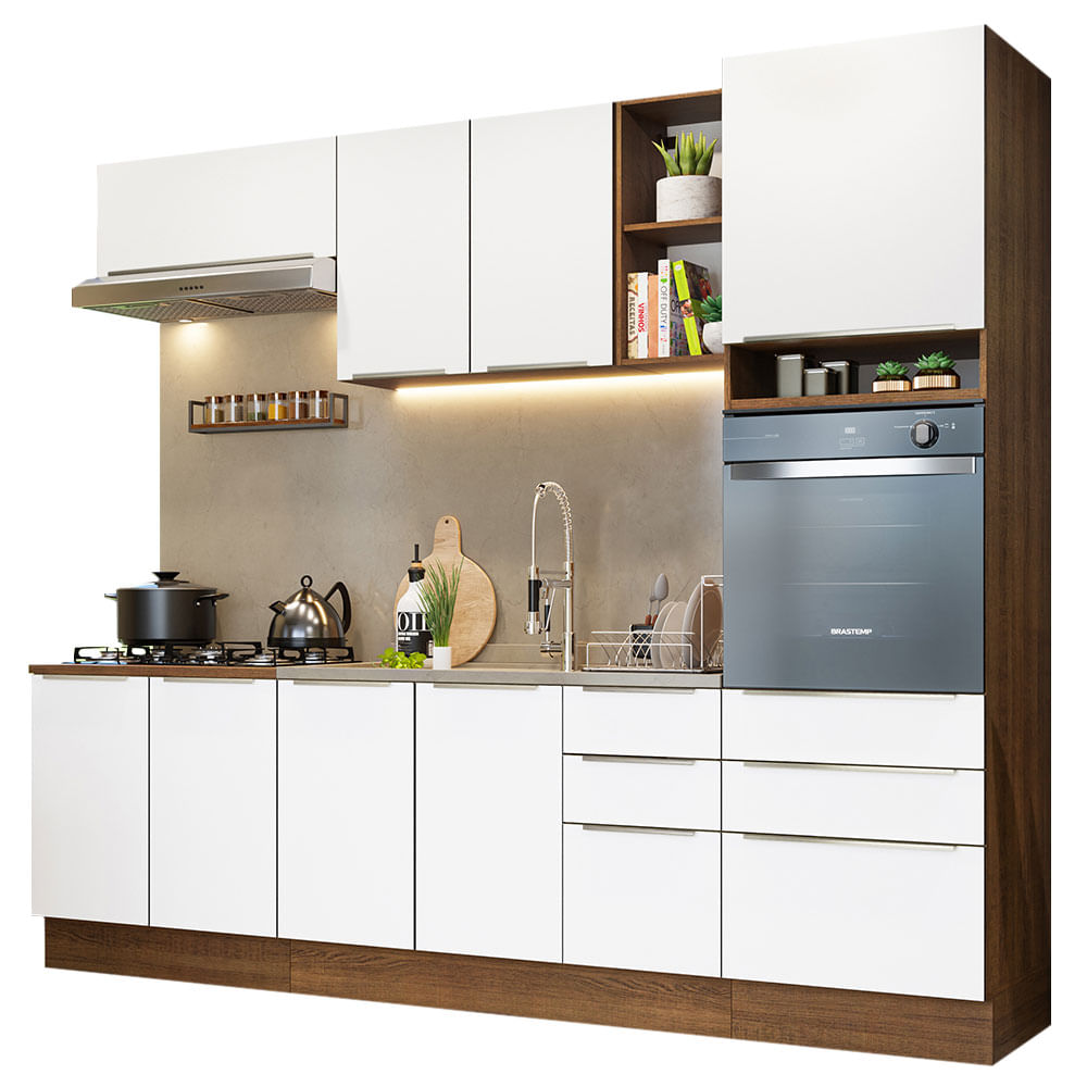 Armário de Cozinha Completa 260cm Rustic/Branco Veludo Lux Madesa 08 - Rustic/Branco Veludo