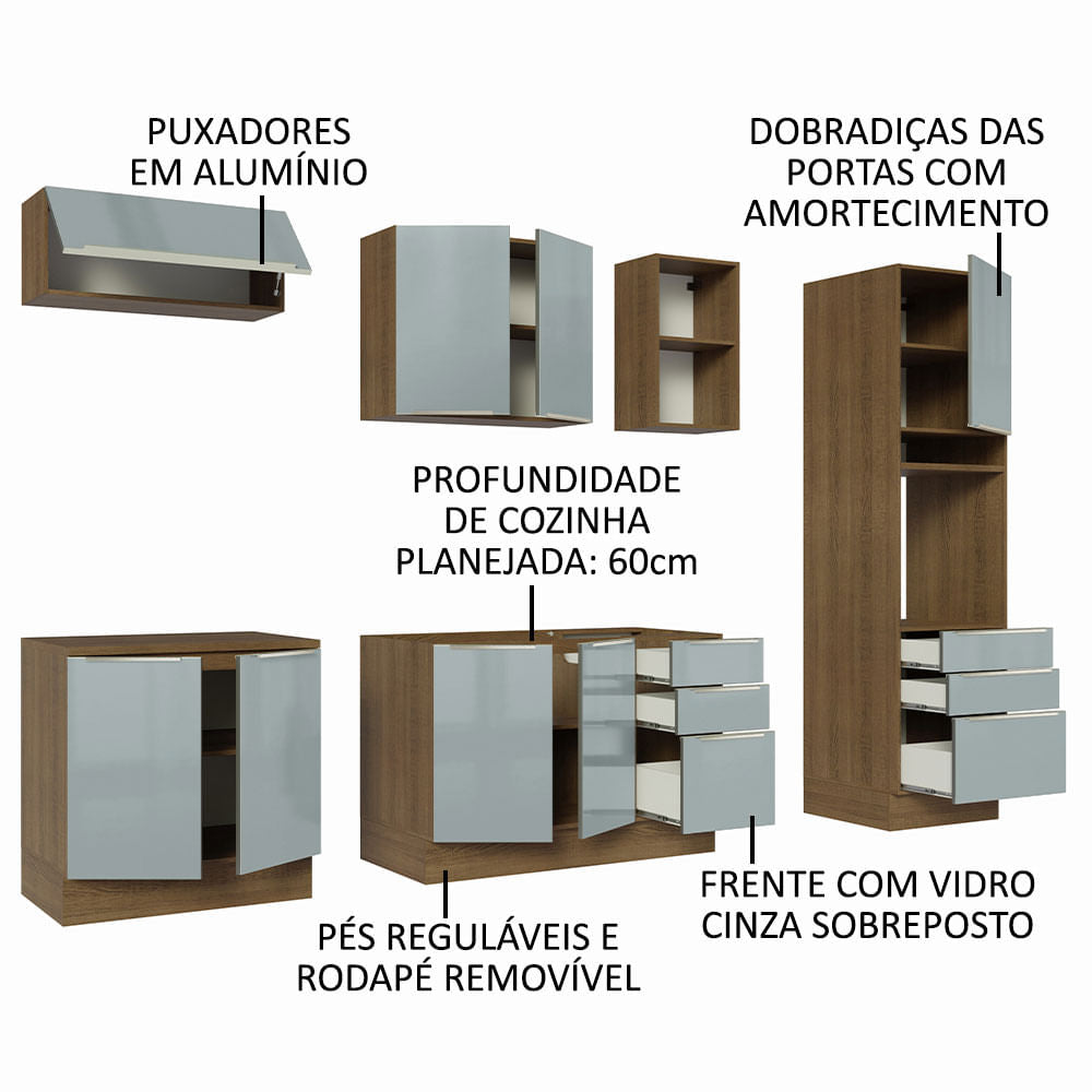 Armário de Cozinha Completa 260cm Rustic/Cinza Lux Madesa 08