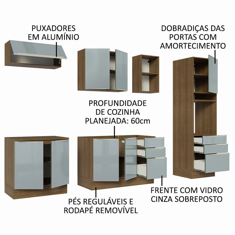 Armário de Cozinha Completa 260cm Rustic/Cinza Lux Madesa 08