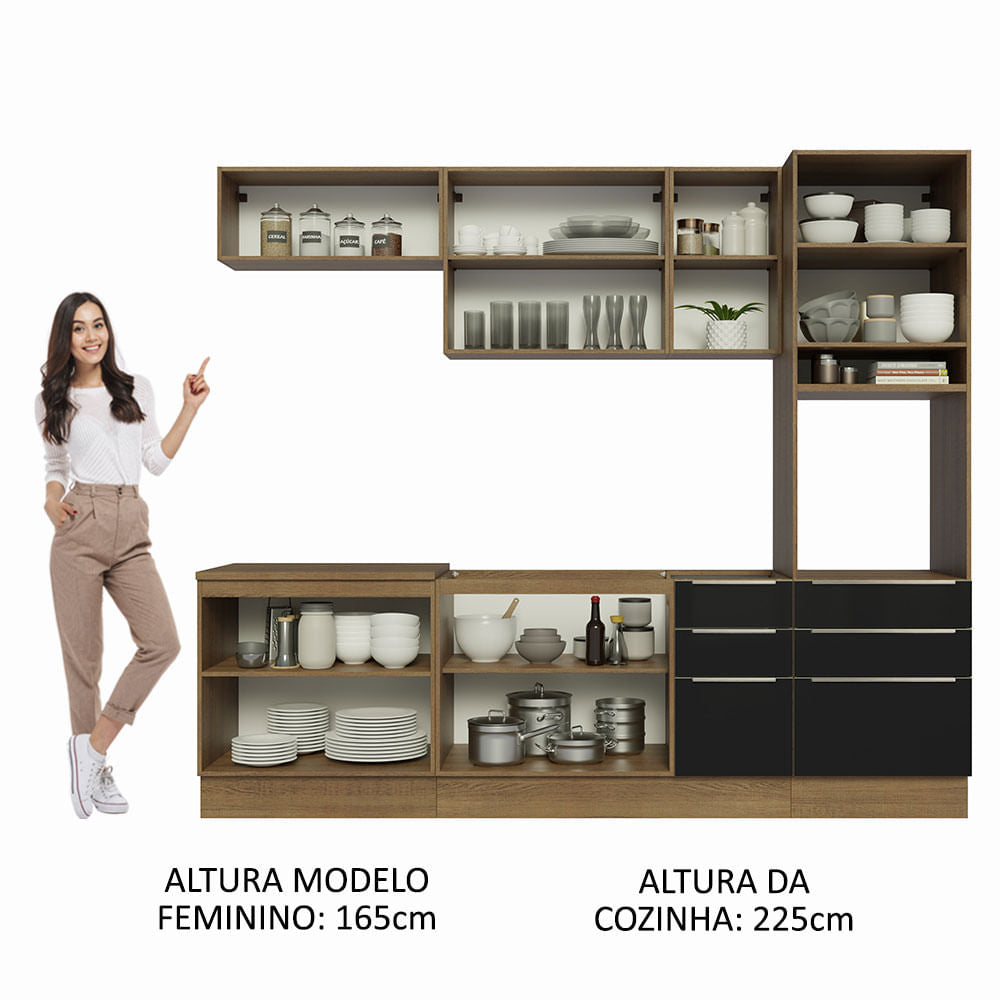 Armário de Cozinha Completa 260cm Rustic/Preto Lux Madesa 08