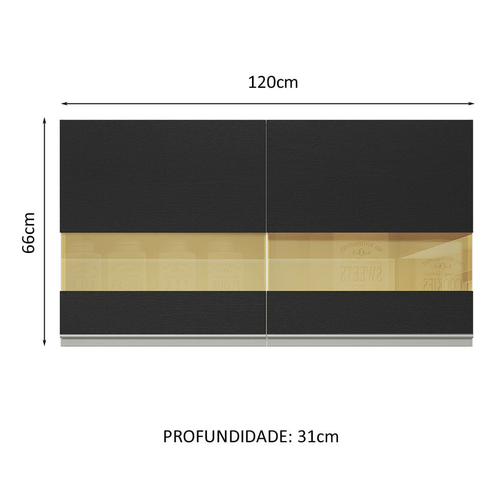 Armário Aéreo 100% MDF 120 cm 2 Portas Vidro Reflex Branco/Preto Acordes Madesa - Branco/Preto