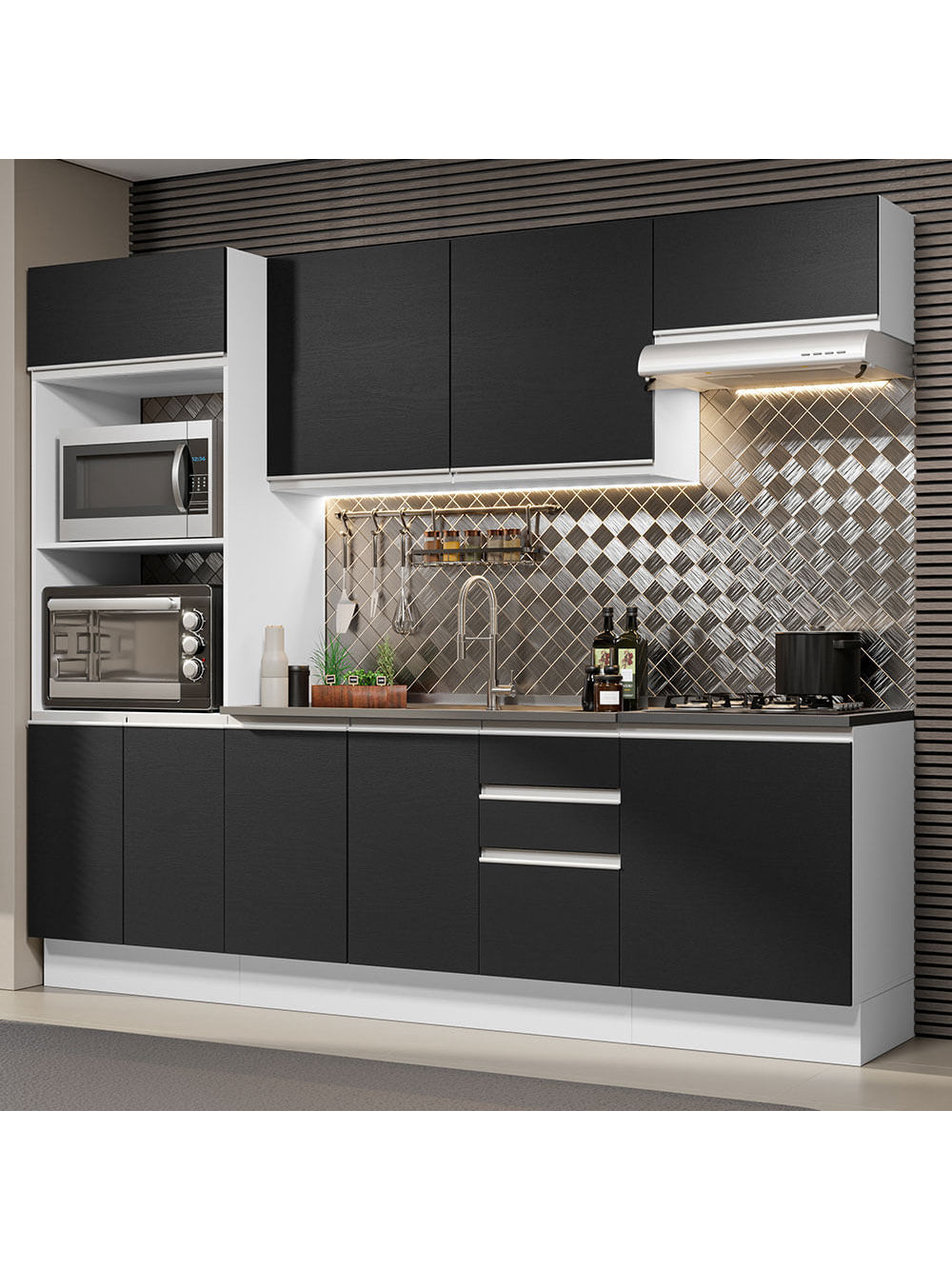 Armário de Cozinha Completa 100% MDF 250cm Branco/Preto Acordes Madesa 03 - Branco/Preto