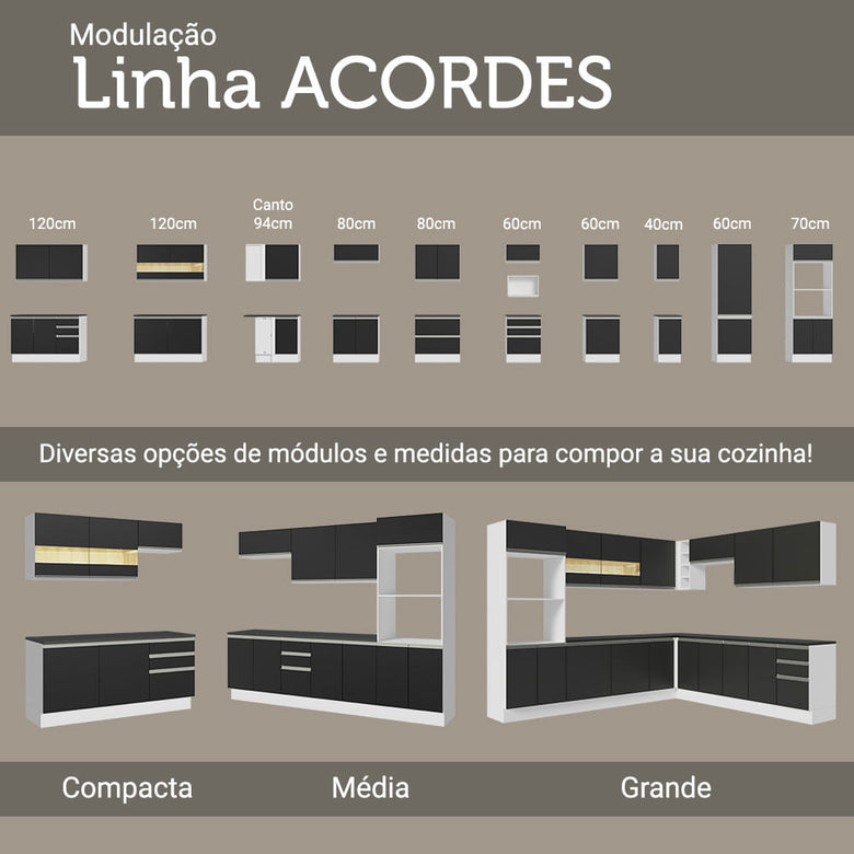 Armário de Cozinha Completa 100% MDF 250cm Branco/Preto Acordes Madesa 03