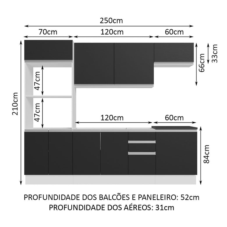 Armário de Cozinha Completa 100% MDF 250cm Branco/Preto Acordes Madesa 03