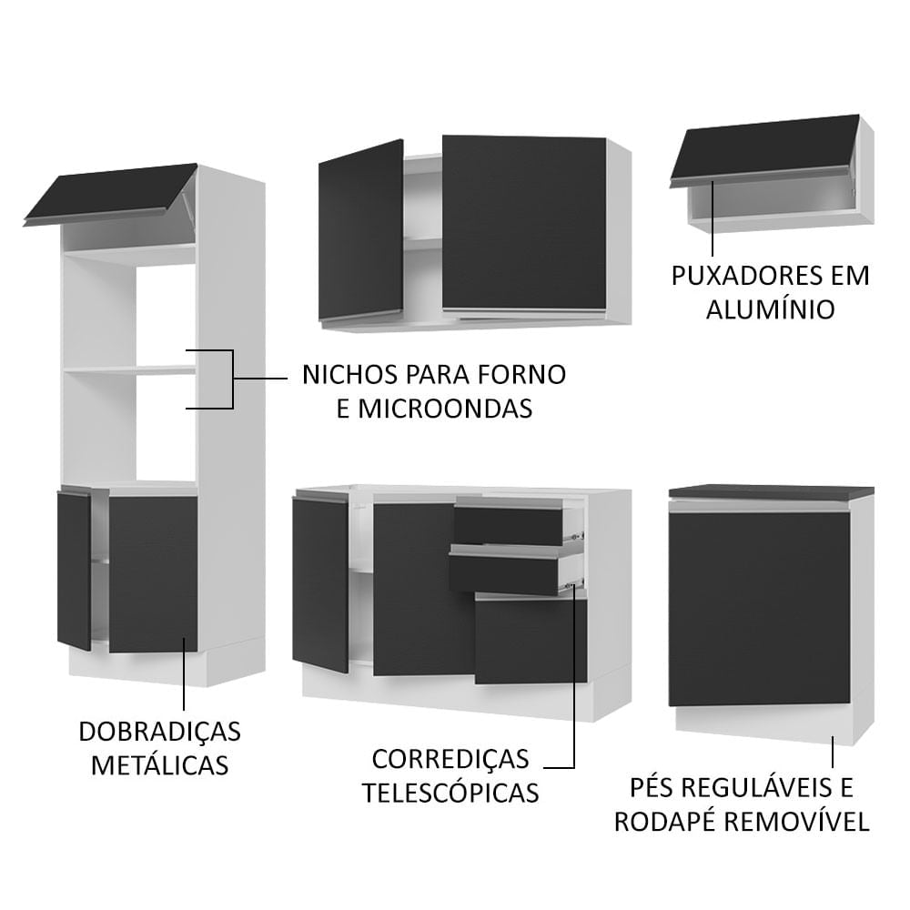 Armário de Cozinha Completa 100% MDF 250cm Branco/Preto Acordes Madesa 03
