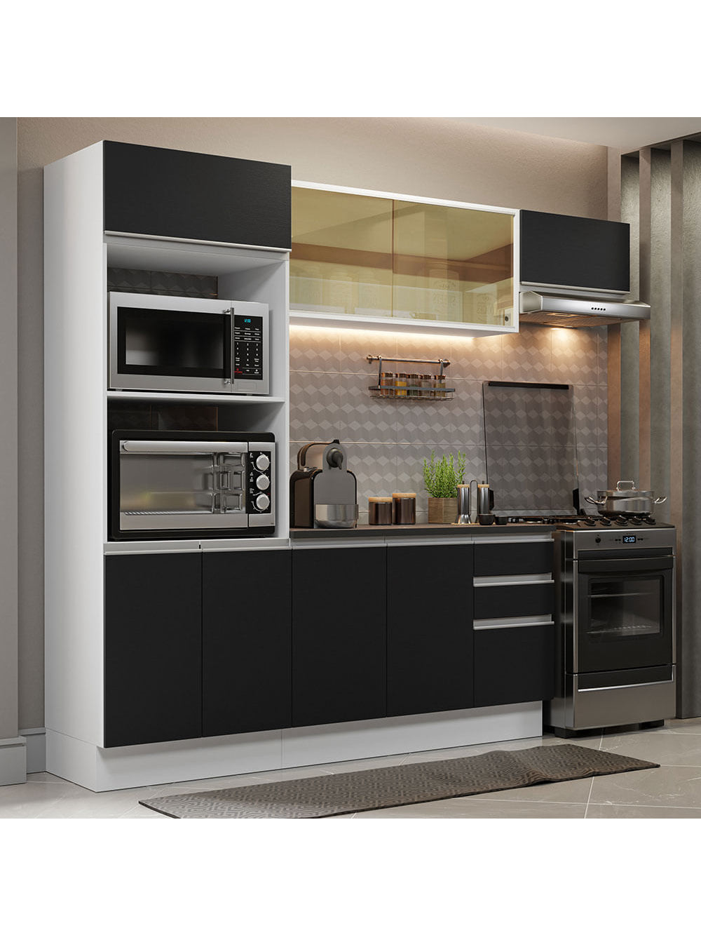 Armário de Cozinha Completa 100% MDF 250cm Branco/Preto Acordes Madesa 04 - Branco/Preto