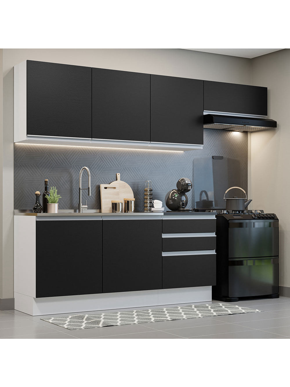 Armário de Cozinha Completa 100% MDF 260cm Branco/Preto Acordes Madesa 03 - Branco/Preto