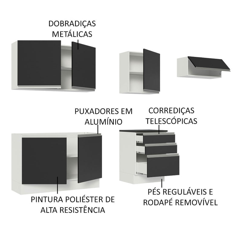 Armário de Cozinha Completa 100% MDF 260cm Branco/Preto Acordes Madesa 03