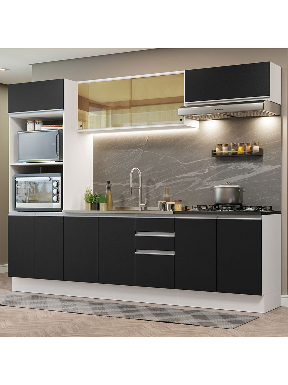 Armário de Cozinha Completa 100% MDF 270cm Branco/Preto Acordes Madesa 07 - Branco/Preto