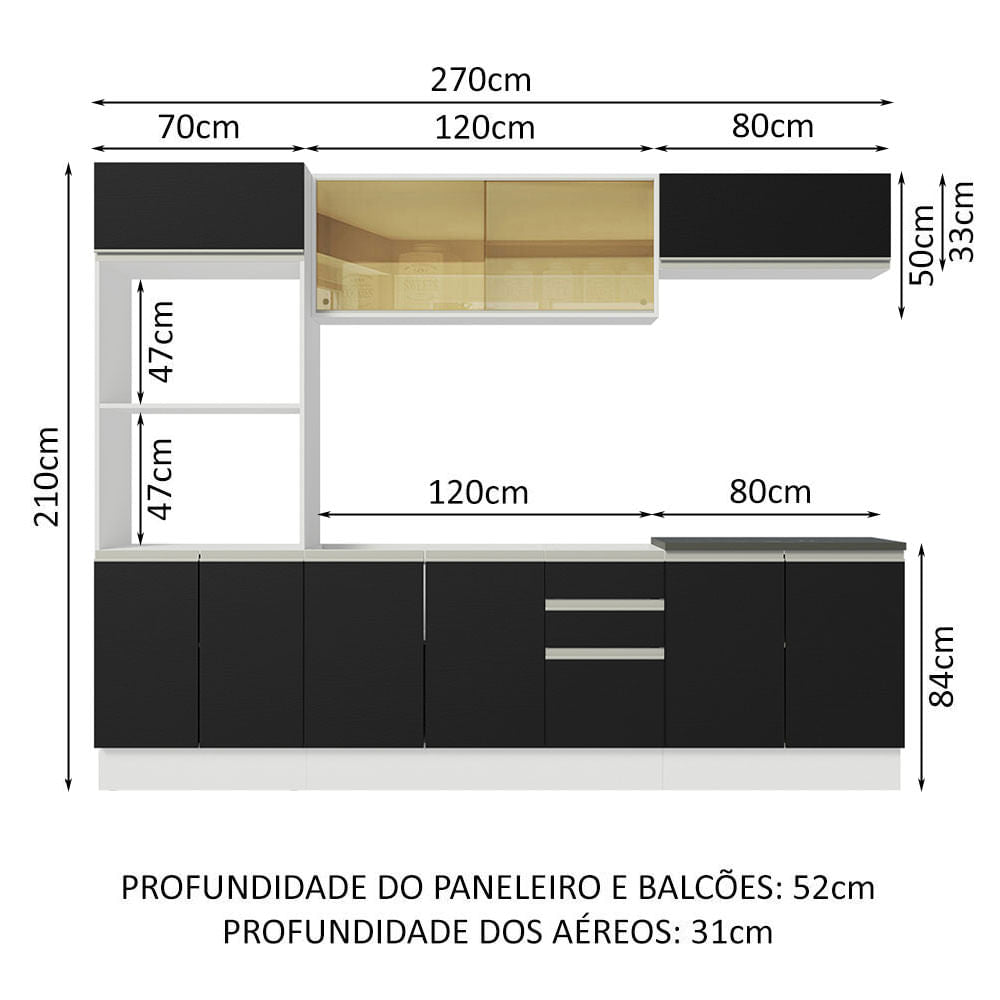 Armário de Cozinha Completa 100% MDF 270cm Branco/Preto Acordes Madesa 07