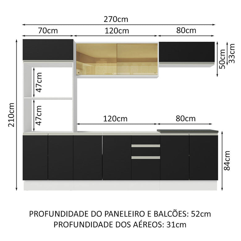 Armário de Cozinha Completa 100% MDF 270cm Branco/Preto Acordes Madesa 07