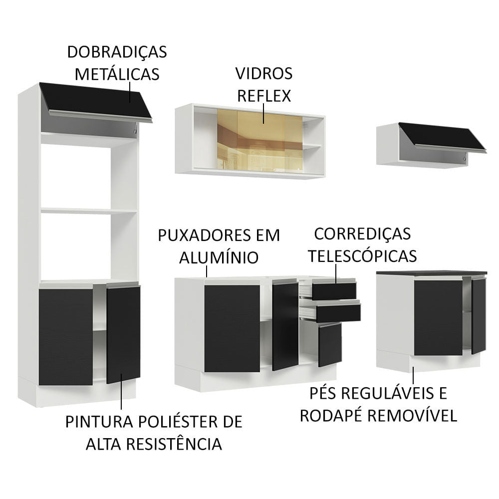 Armário de Cozinha Completa 100% MDF 270cm Branco/Preto Acordes Madesa 07