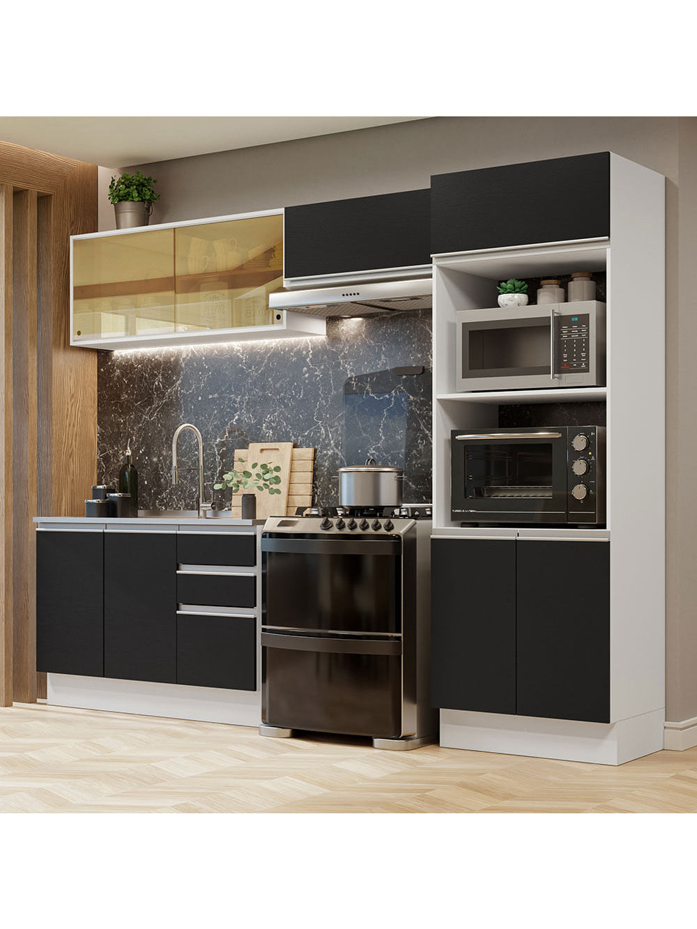 Armário de Cozinha Completa 100% MDF 270cm Branco/Preto Acordes Madesa 08 - Branco/Preto