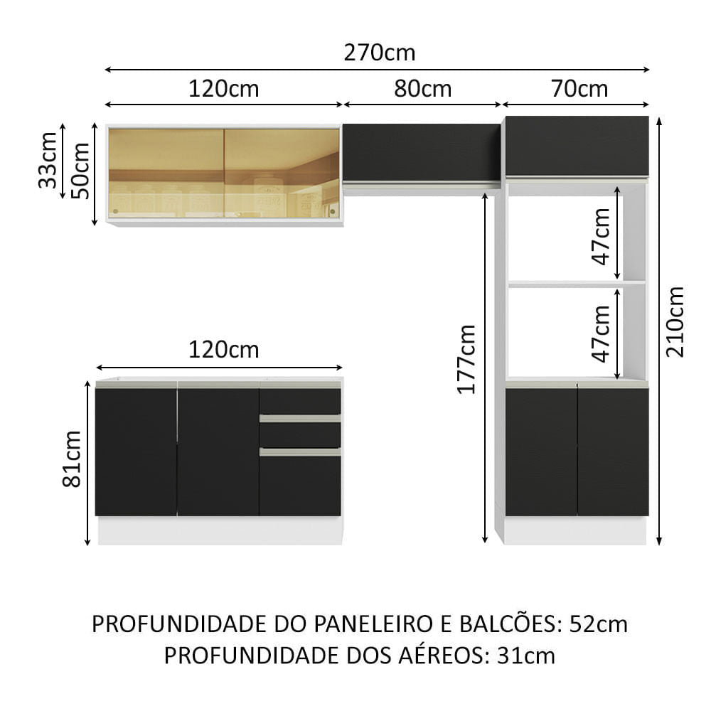 Armário de Cozinha Completa 100% MDF 270cm Branco/Preto Acordes Madesa 08