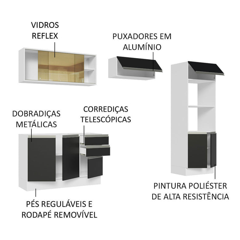Armário de Cozinha Completa 100% MDF 270cm Branco/Preto Acordes Madesa 08