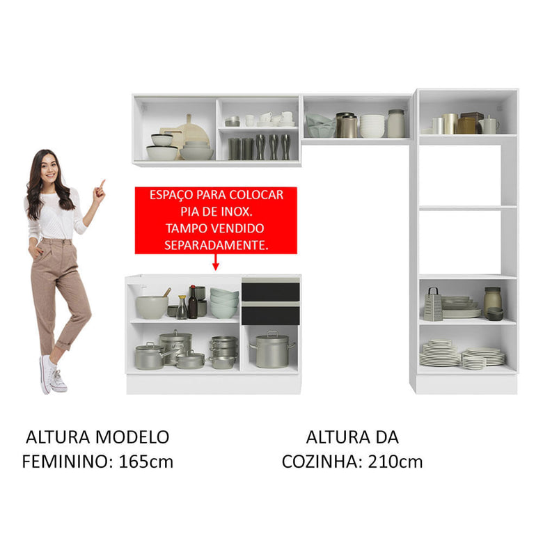 Armário de Cozinha Completa 100% MDF 270cm Branco/Preto Acordes Madesa 08