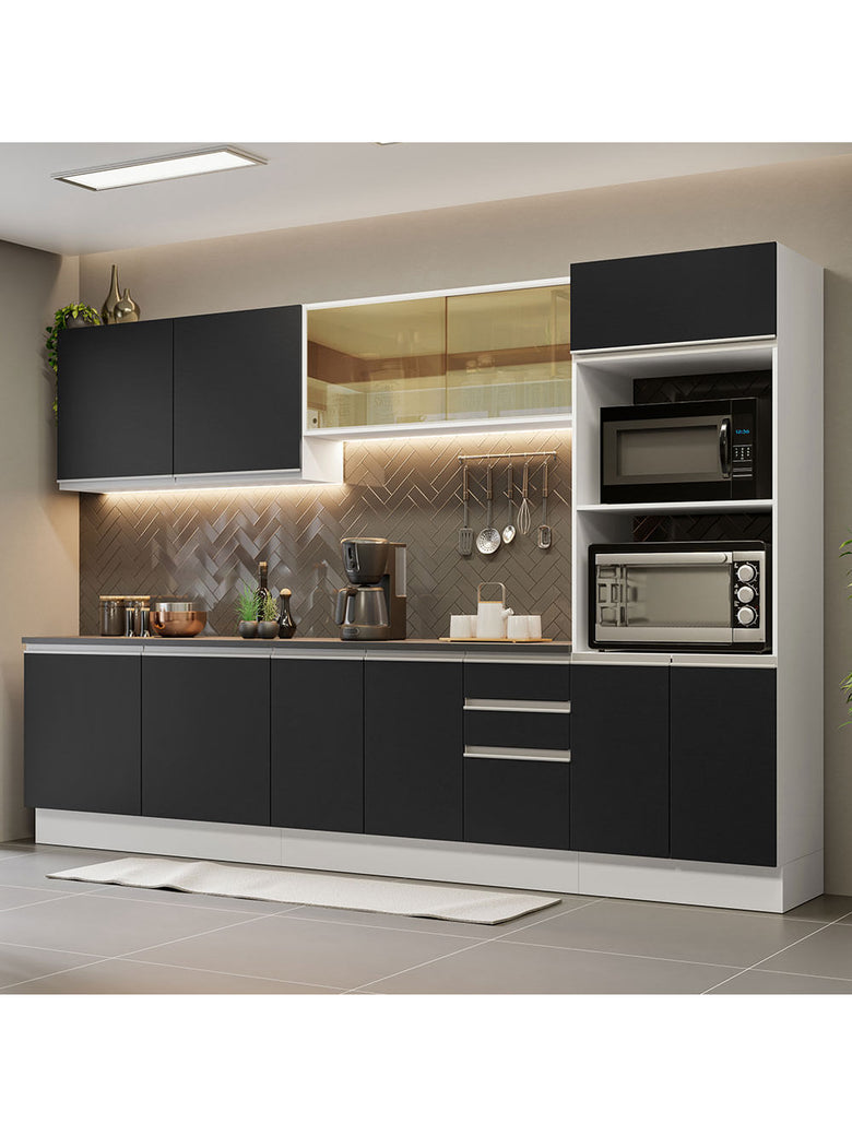 Armário de Cozinha Completa 100% MDF 310cm Branco/Preto Acordes Madesa 01