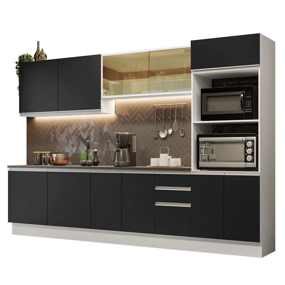 Armário de Cozinha Completa 100% MDF 310cm Branco/Preto Acordes Madesa 01 - Branco/Preto